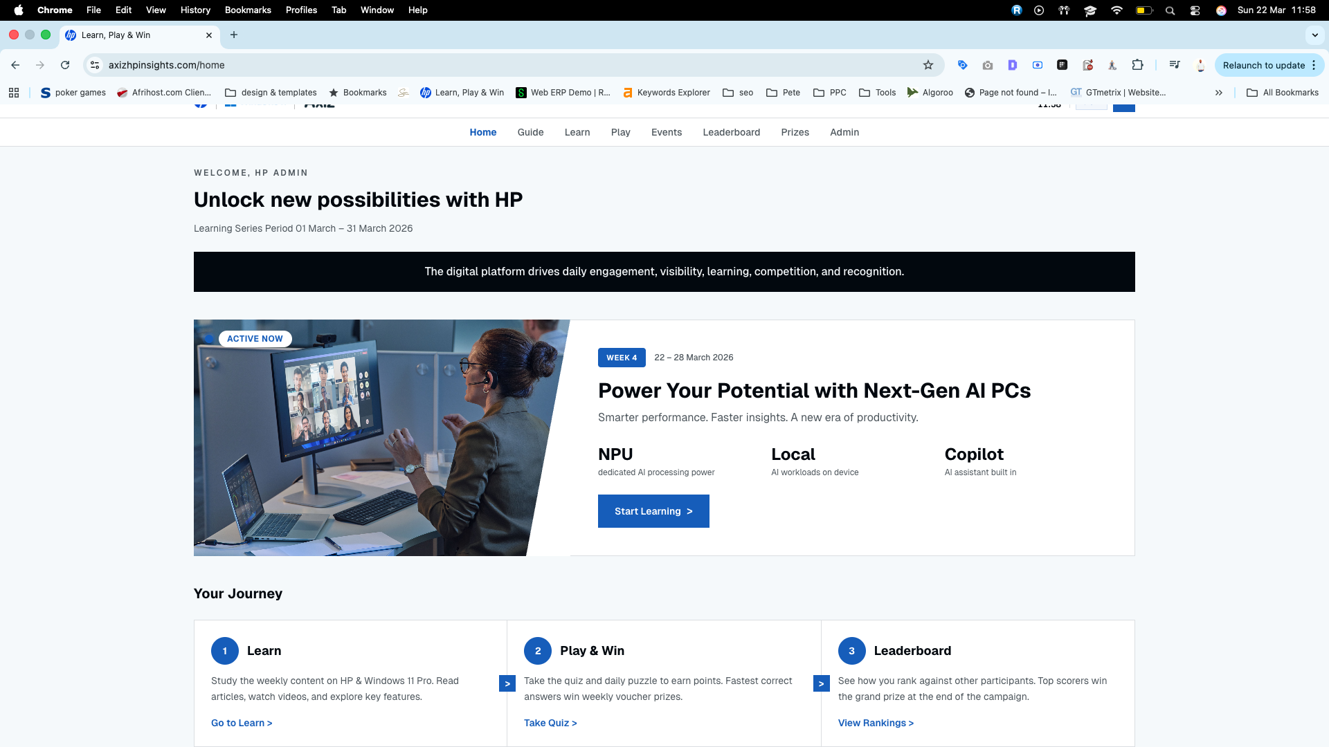 HP AI PC programme homepage with a weekly learning feature