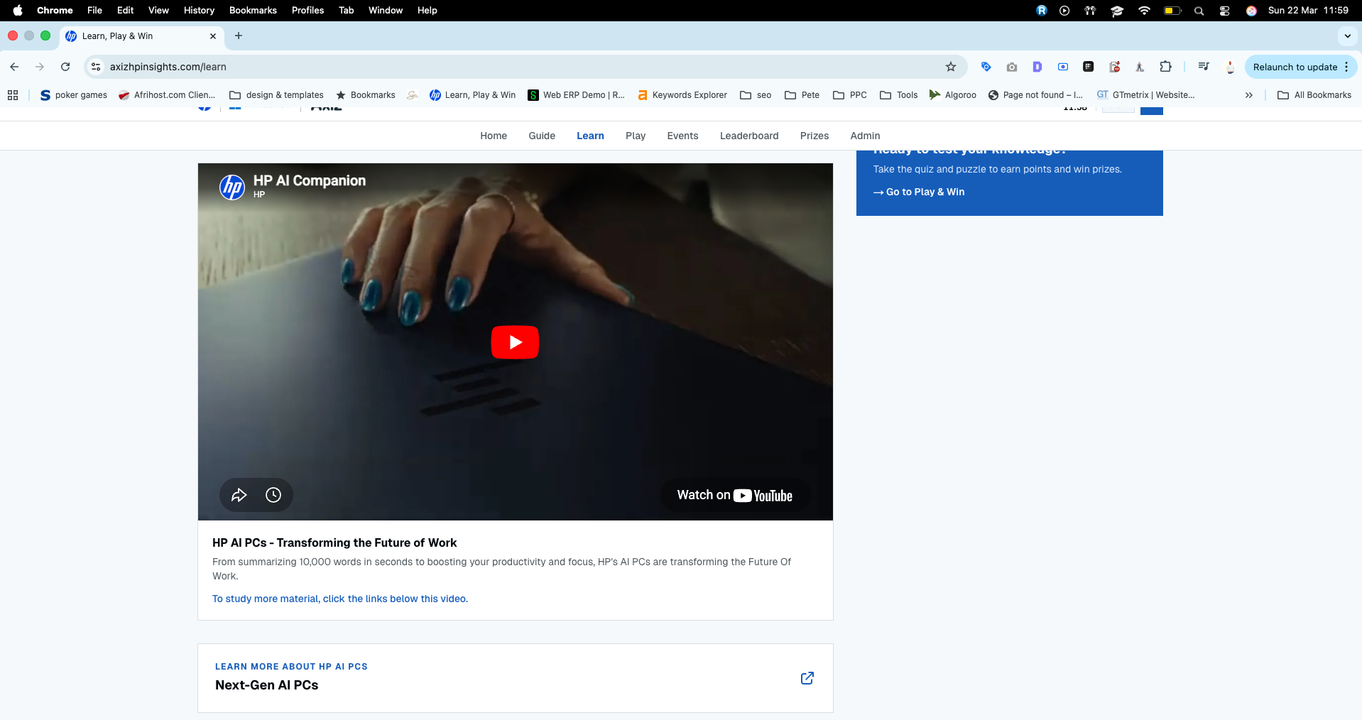 HP AI PC learning page showing a product-focused lesson