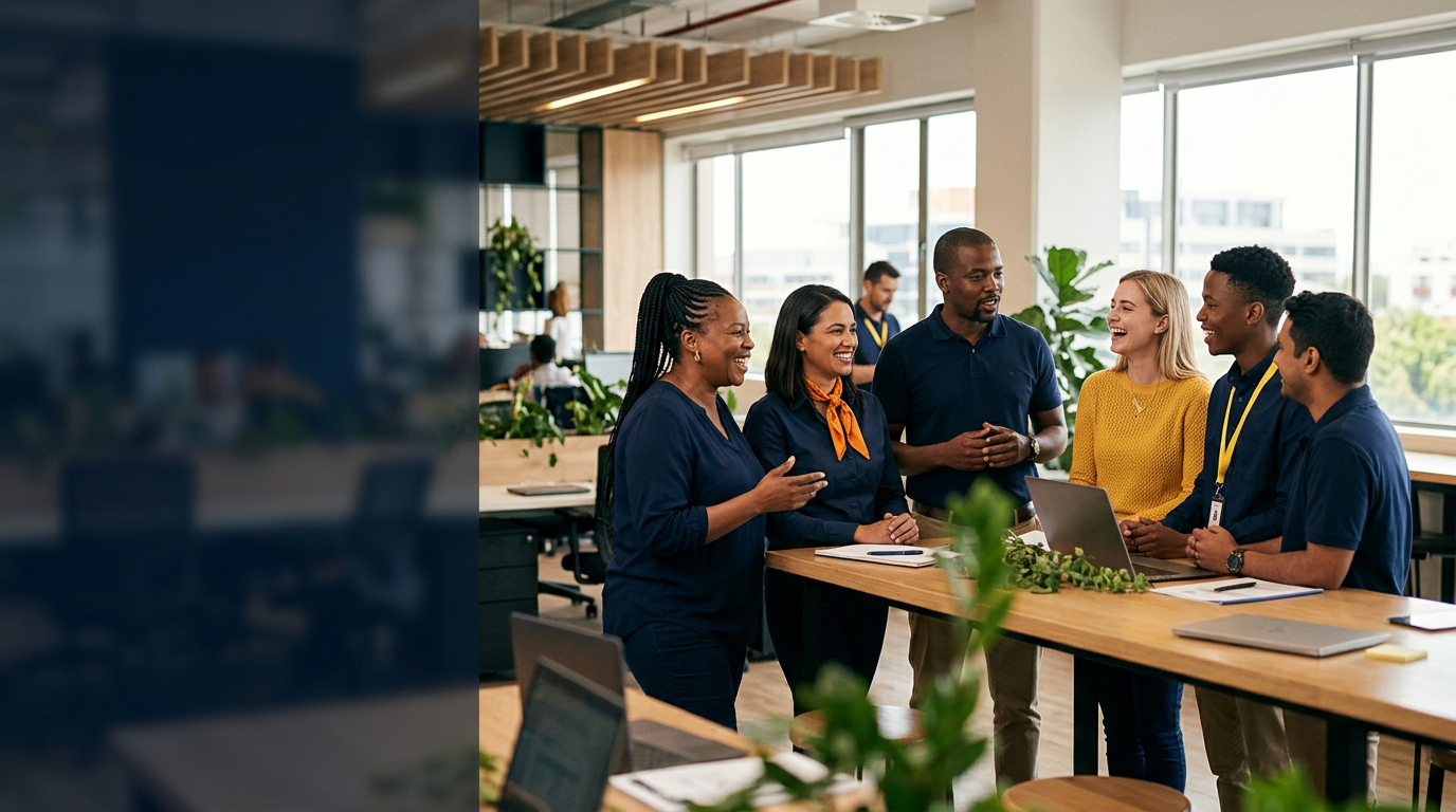 Office, retail and technology colleagues talking together in a bright workspace
